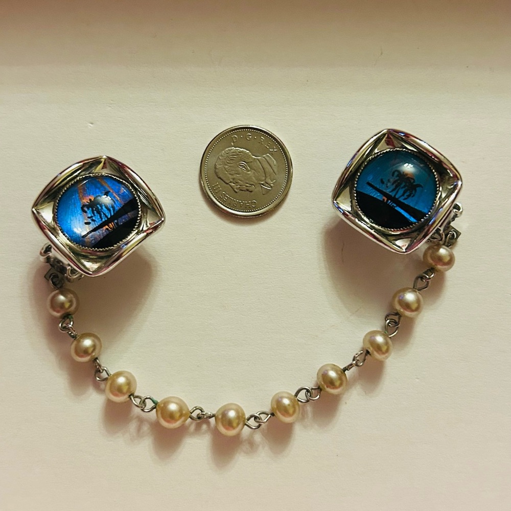Beautiful Blue Morpho Sweater Clip with faux pearl chain